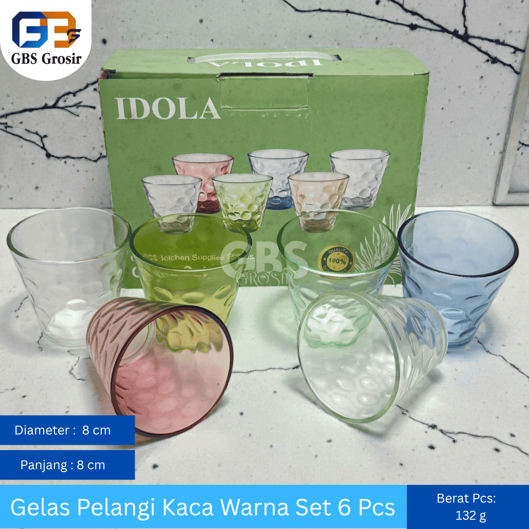 Gelas Pelangi Kaca Warna Set 6 Pcs (18set)