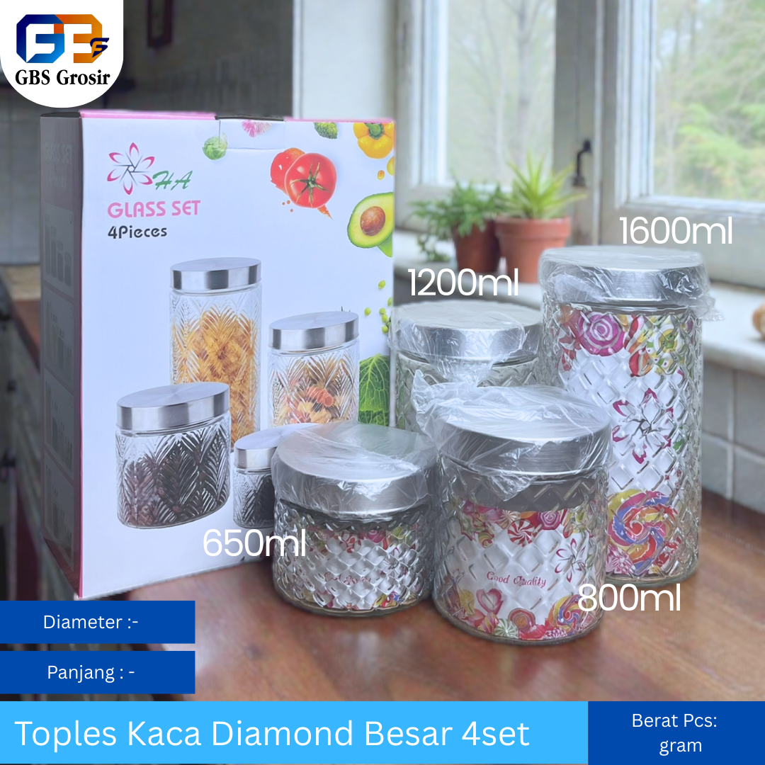 Toples Kaca Diamond Besar HA Set 4pcs (4set)