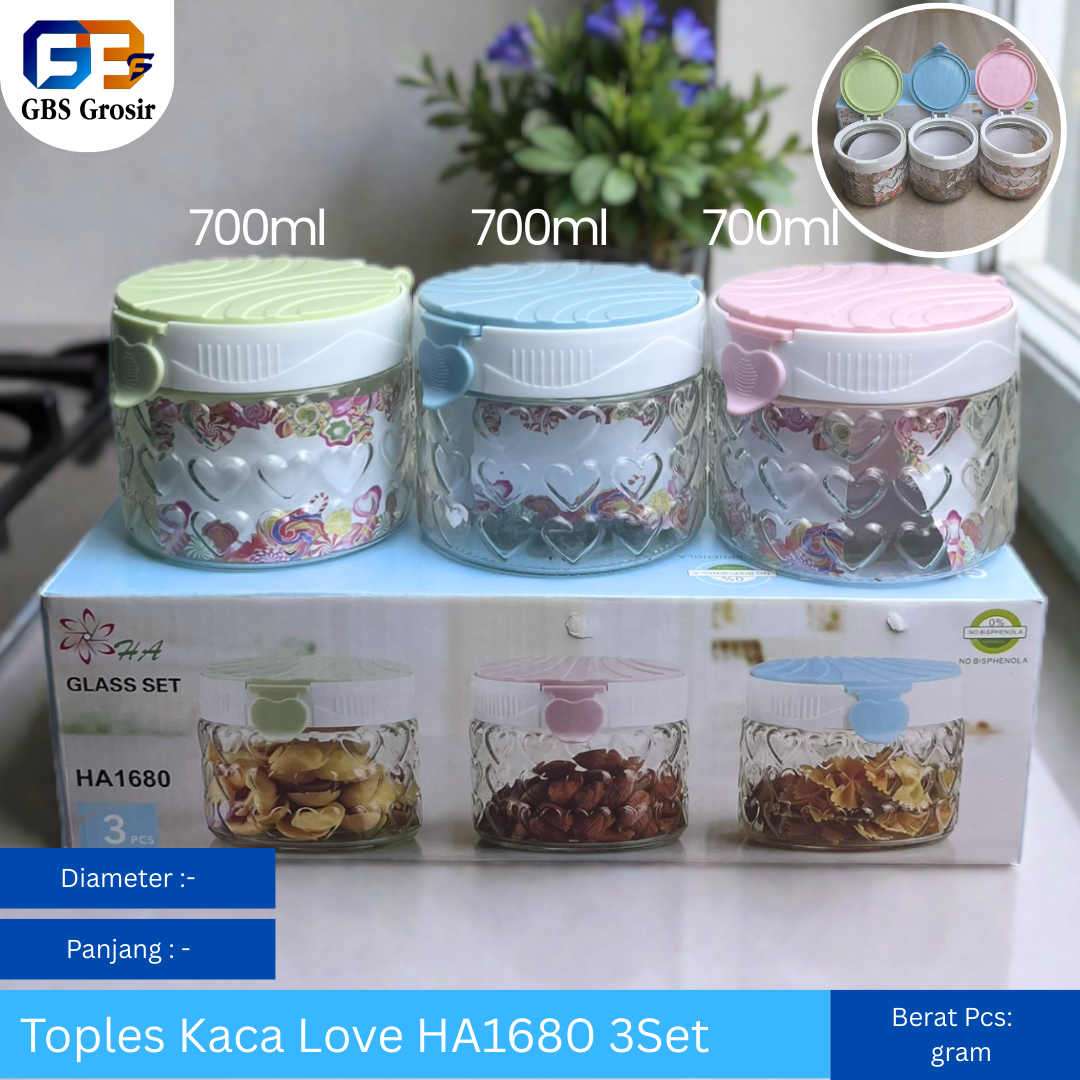 Toples Kaca Love HA1680 Set 3pcs (16set)
