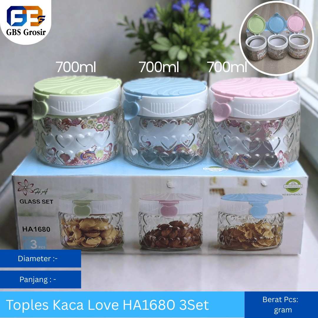 Toples Kaca Love HA1680 Set 3pcs (16set)